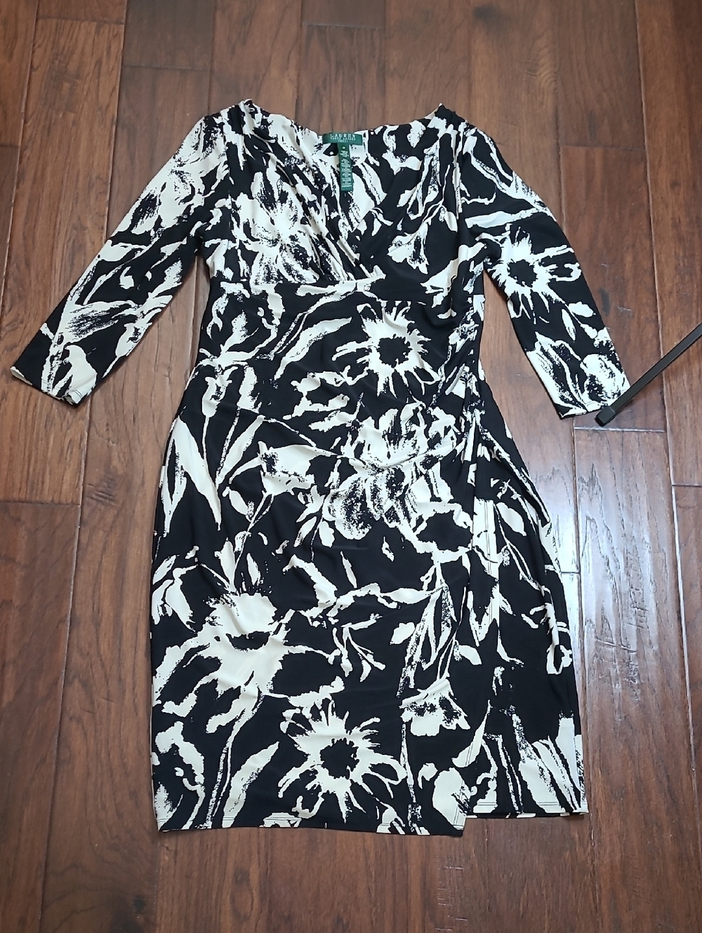 Lauren Ralph Lauren Black & Cream Floral Mock Wrap Dress size 12